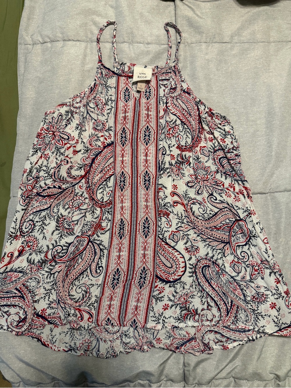 Knox Rose White Paisley Print Halter Tank with Red and Navy